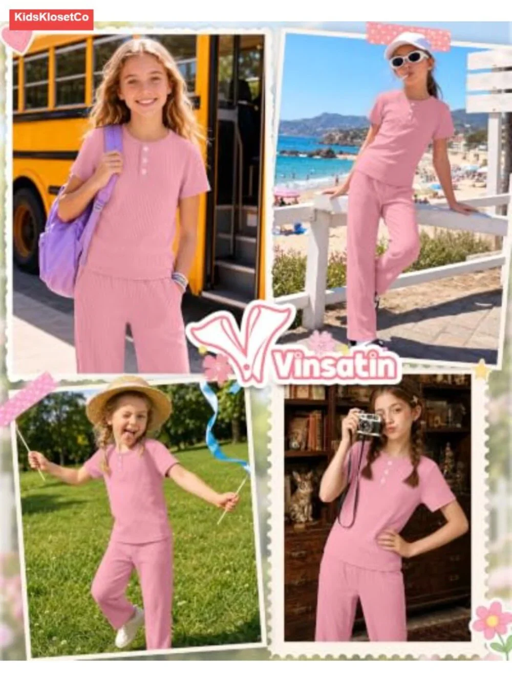 Girls 2 Piece Cotton Ribbed Outfit Set Short Sleeve Henley Top Pants